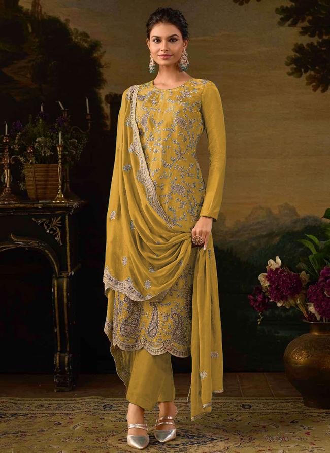 Silk Yellow Party Wear Embroidery Work Straight Suit